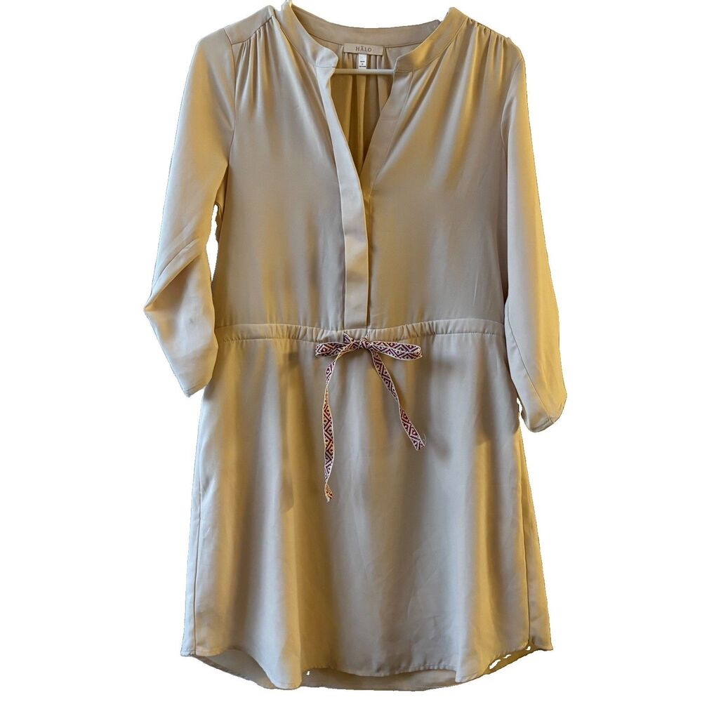 HALO Beige Solid Shirt Dress V-Neck 3/4 Sleeve Drawstring Waist Women’s S